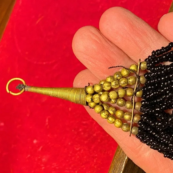 Antique Victorian jet glass seed bead tassel,bronze beads/hanger - Picture 6 of 9